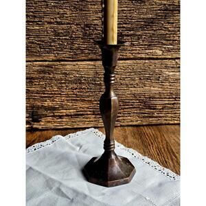 Vintage Brass Candlestick – Heavy Octagon Base – Patina Rustic Decor